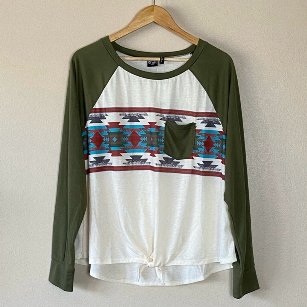 Cruel Denim Aztec Print Front Tie Shirt Size XL Off White Army Green